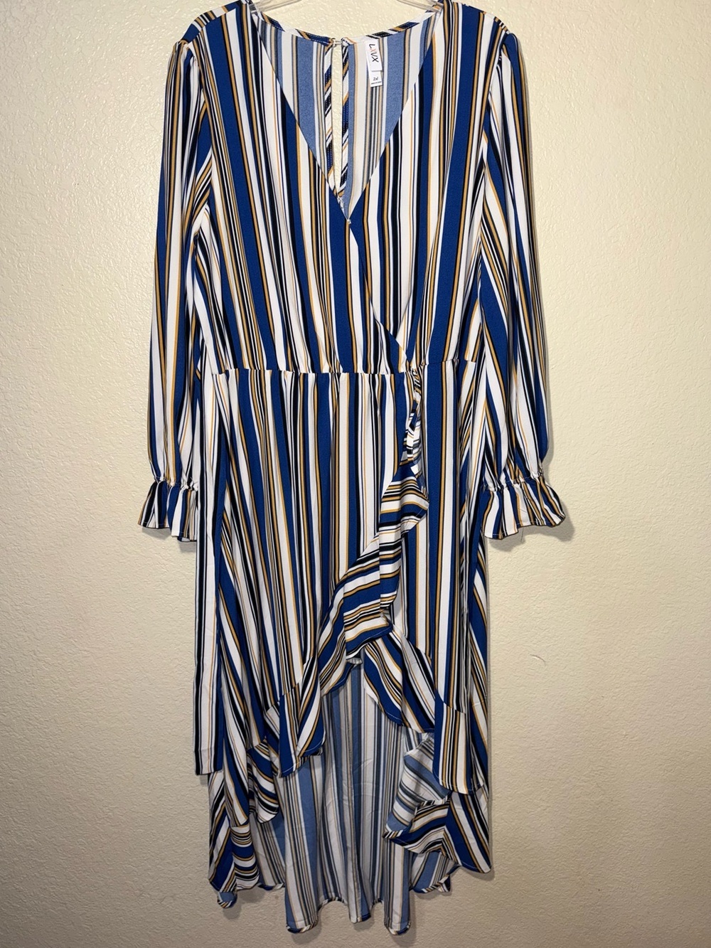 Blue Striped High Low Wrap Midi Dress 2XL Ruffle Hem Plus Size